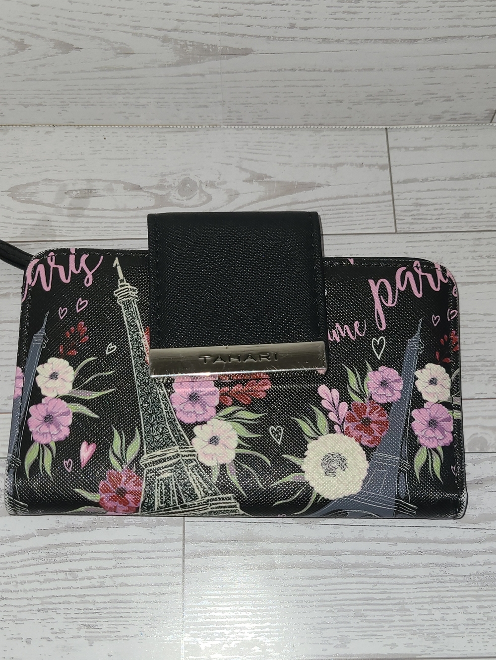 Tahari Black Floral Eiffel Tower Paris Wallet Clutch  Identity Protect Lining